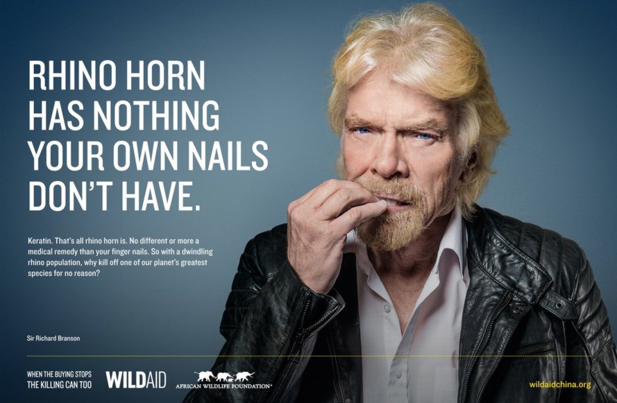 richard branson, wildaid, nail biters campaign, african wildlife foundation, billboards, television ads, advertising, public service announcement, publicity, media, rhino, rhinos, rhino horn, endangered wildlife trade, wildlife trafficking